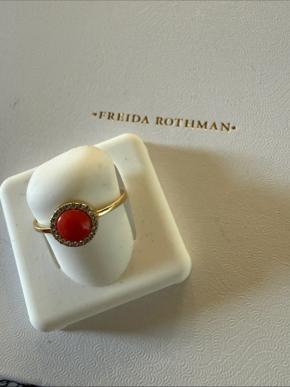 Freida Rothman Vault Sterling Ring with Coral Center and Pavé Halo